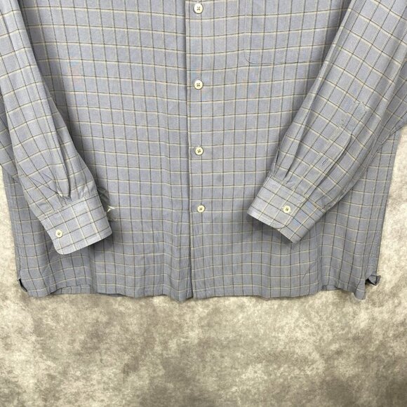 BUGATCHI Button Front Shirt Men Large Blue Plaid Hidden Button Collar Rayon/Poly - Picture 4 of 11
